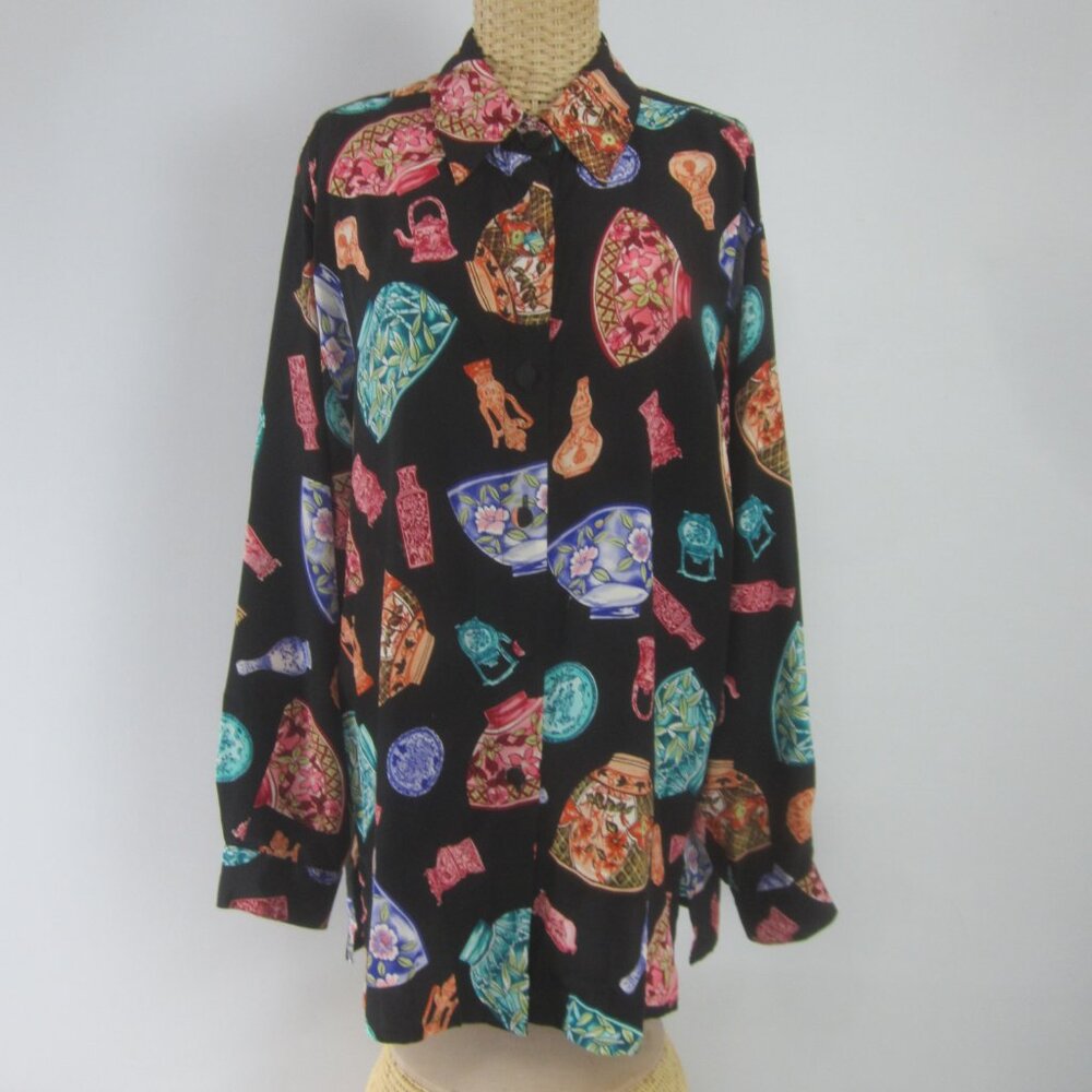 Vtg Diane Von Furstenberg Womens L Asian Teapot Silk Long Blouse Shirt Tunic Top